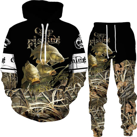 New 3D Fishing Art Print Casual Couple Hoodies Outfits Hip Hop Streetwear Hooded Sweatshirt+Sweat Pants Men's Tracksuit Set - Lootquake