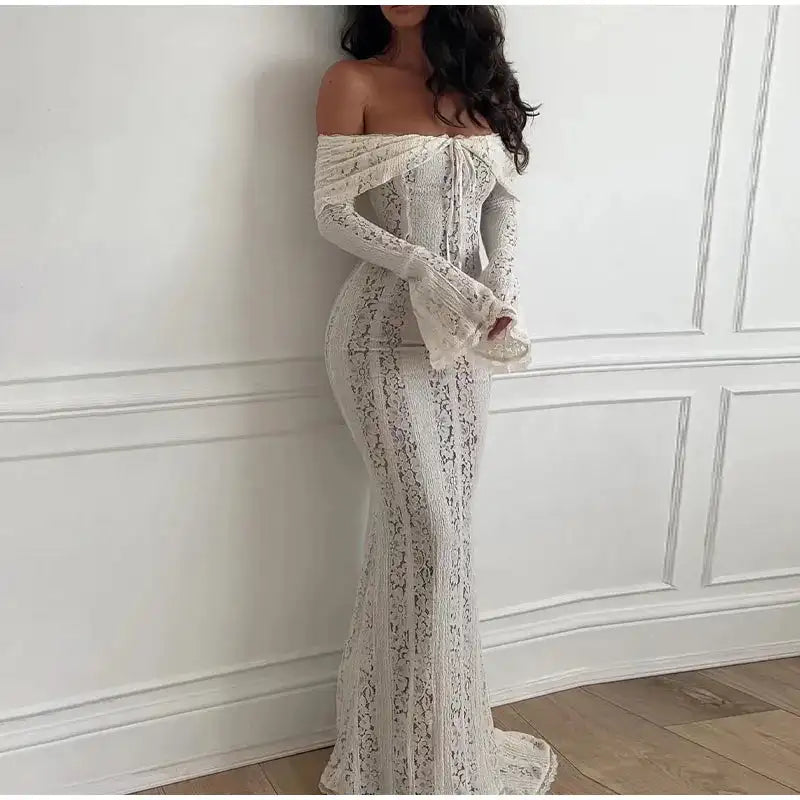 Vestido largo ajustado de encaje con un solo hombro y aberturas para mujer, liso, con cordones, sin cintura, elegante y sexy, para fiestas y citas, 2024