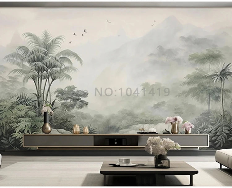 Tropical Green Plants Coconut Trees Distant Mountain Birds 3D Mural Wallpaper Restaurant Clubs KTV Bar Modern Personality Murals