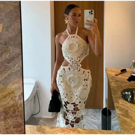 Fashion Hollow Out Halter Maxi Dress For Women 2024 Sexy Sleeveless Backless Long Dress Holiday Hook Flower Knitted Beach Robe - Lootquake