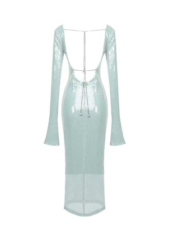 BEVENCCEL Sexy Luxury Sequins Deep V Long Sleeve Backless Sequins Long Dress Elegant  Bodycon Maxi Evening Party Clubwear Dress - Lootquake