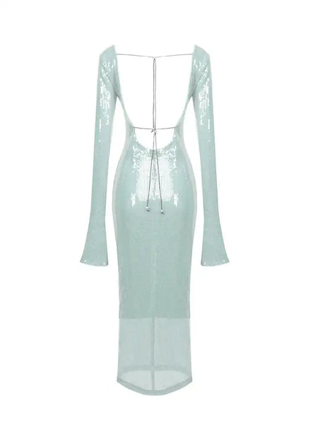 BEVENCCEL Sexy Luxury Sequins Deep V Long Sleeve Backless Sequins Long Dress Elegant  Bodycon Maxi Evening Party Clubwear Dress - Lootquake