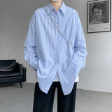 Camisa de rayas azules para hombre, camisa de vestir de la Sociedad de la Moda para hombre, camisa coreana holgada de manga larga, camisas casuales para hombre, talla grande 5XL
