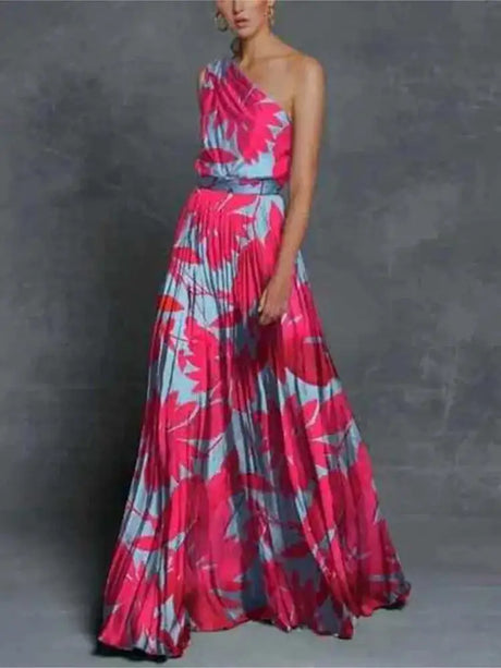 2024 Spring Summer New One Shoulder Dresses Women Splicing Print Off Shoulder Loose Long Dress Fashion Ladies Commuting Vestidos - Lootquake