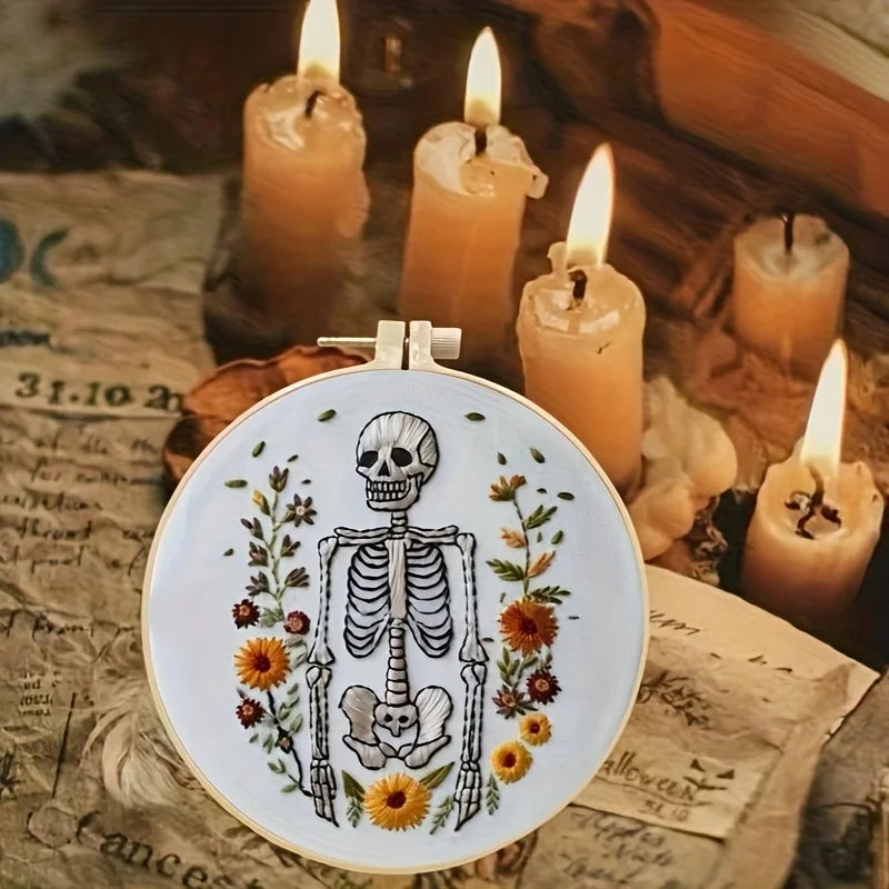 Halloween-themed pattern hand-embroidery DIY set material package, the set includes needles, threads, embroidery strips, and an