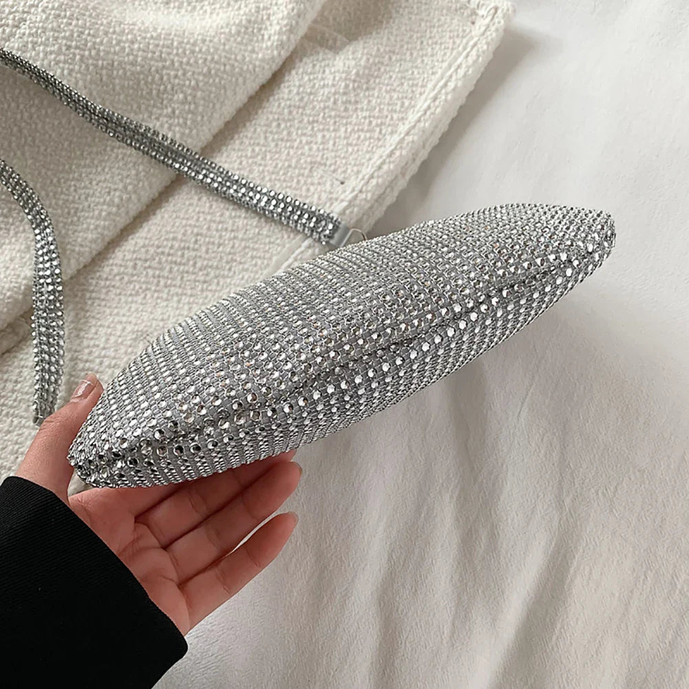 Bling Rhinestone Evening Clutch Bag | Women's Korean Designer Diamond Chain Dinner Party Handbag (Lady Square Tote Shoulder Bag)