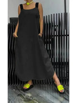 Summer Fashion Solid Cotton Linen Dresses Women Sexy Square Neck Sleeveless Suspender Slit Long Dress Casual Loose Dress Woman - Lootquake