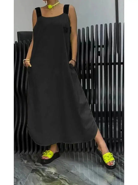 Summer Fashion Solid Cotton Linen Dresses Women Sexy Square Neck Sleeveless Suspender Slit Long Dress Casual Loose Dress Woman - Lootquake