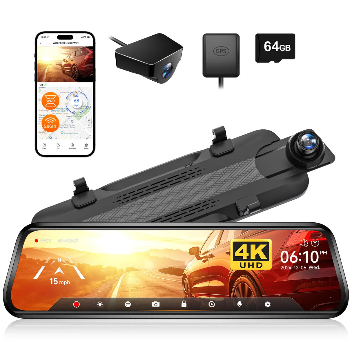 WOLFBOX G930 Caméra de tableau de bord 10 pouces Wifi 4K DVR pour voiture FOV 140° Caméra de tableau de bord avec rétroviseur, vue de stationnement 24h/24, écran tactile, enregistreur vidéo