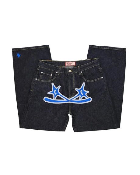 Streetwear Jeans Y2K Men Women Clothes Harajuku Hip Hop Letter Embroidered Vintage Blue Baggy Jeans High Waist Wide Leg Trousers - Lootquake