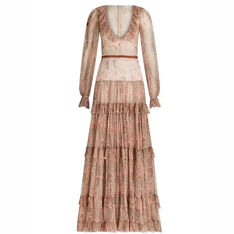 2024 Autumn Casual Bohemia Dresses Elegant V-neck Ruffled High Waist Evening Dress Women Fashion Printed Mesh Pleated Long Dress - Lootquake