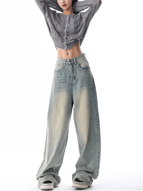 Women's American Vintage Washed Thin Jeans Street Casual Neutral Style Blue Denim Trousers Female High Waist Straight Pants - Lootquake