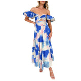 Summer V Neck Cutout Floral Print Dresses Elegant Women Puff Short Sleeve Casual Dress Pleated Waisted Swing Beach Long Dress - Lootquake