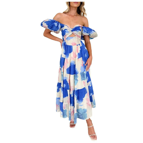 Summer V Neck Cutout Floral Print Dresses Elegant Women Puff Short Sleeve Casual Dress Pleated Waisted Swing Beach Long Dress - Lootquake