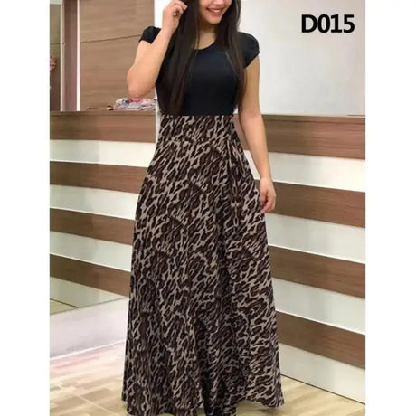 Women Floral Dot Print Patchwork Long Dress Summer Casual Short Sleeve O-Neck High Waist Robe Boho Beach Maxi Sundress Vintage - Lootquake