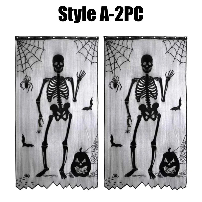 Halloween Window Decorations Halloween Door Curtain Skeleton & Bat Black Lace Panel for Haunted House Decor