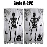 Halloween Window Decorations Halloween Door Curtain Skeleton & Bat Black Lace Panel for Haunted House Decor