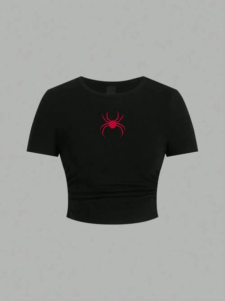 Simple Red Spider Printing Crop Tops Summer Street Fashion Women's Slim-fit T-Shirt Comfortable Soft High Elastic Female Clothes - Lootquake