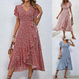 Women's Flowy Split Midi Floral Wrap Dress Summer Irregular High Waist Boho Long Dress A-Line V-Neck Holiday Beach Sundress - Lootquake
