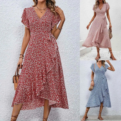 Women's Flowy Split Midi Floral Wrap Dress Summer Irregular High Waist Boho Long Dress A-Line V-Neck Holiday Beach Sundress - Lootquake