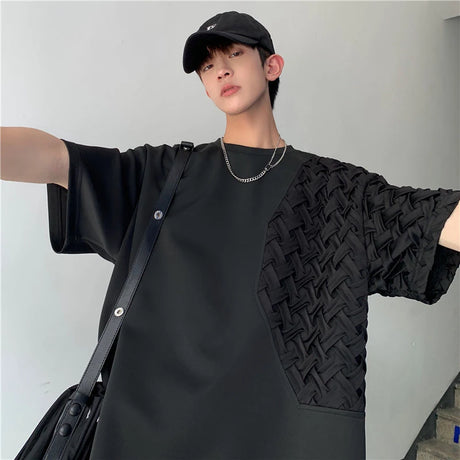 Spliced O Neck Short Sleeve Men T Shirt Summer Korean Harajuku Fashion Casual 2xl Oversized Clothing Black White Streetwear Tops - Lootquake