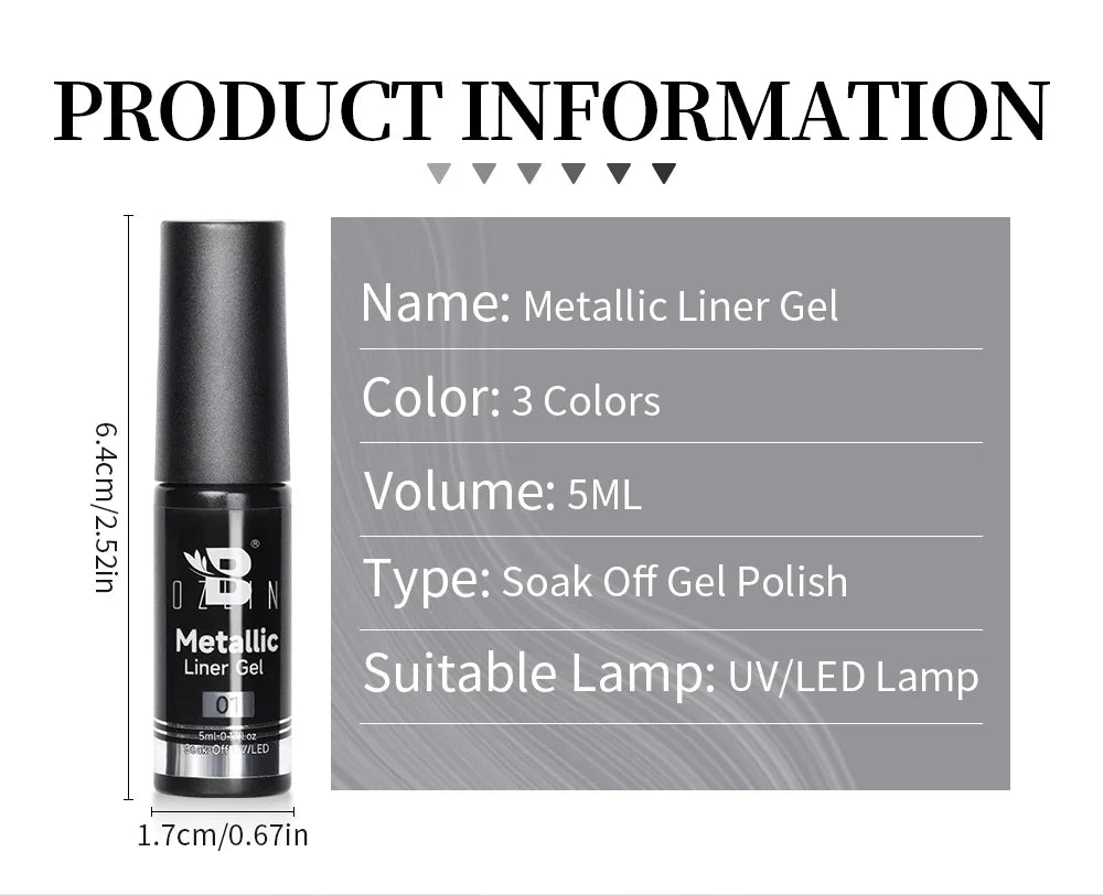 5ML Gold Silver Metallic Liner Paint Gel Polish Chrome Mirror Metal Effect Super Bright French UV LED Semi Permanent Nail Gel