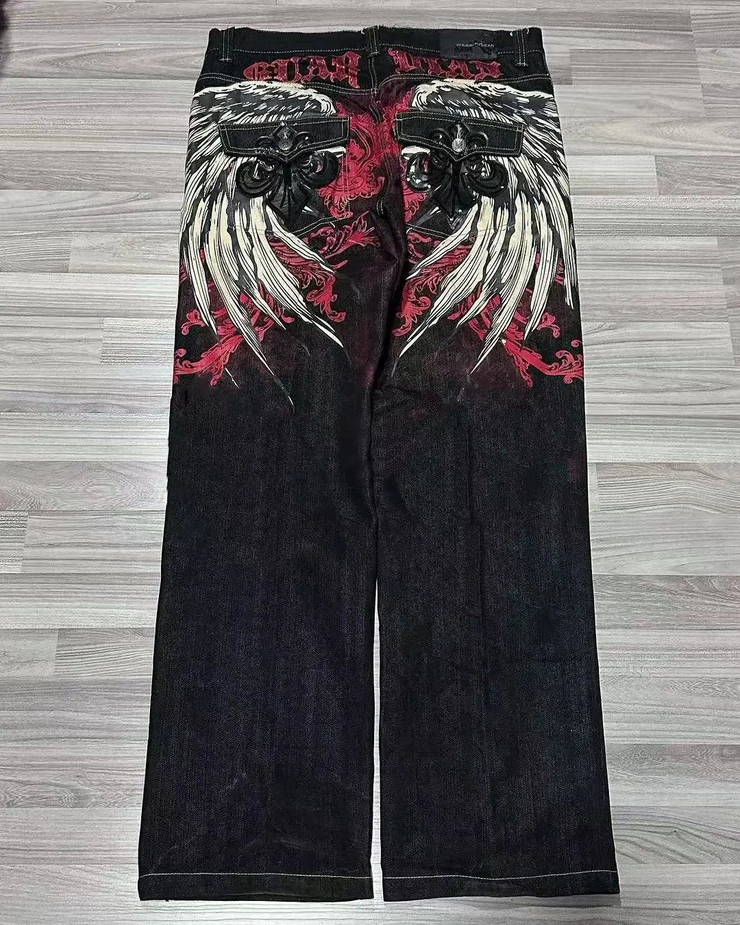 2023 New American Harajuku retro skull print straight high waist Y2K women's washed grey jeans Streetwear Gothic wide trousers - Lootquake