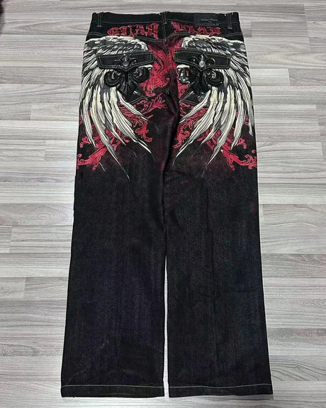2023 New American Harajuku retro skull print straight high waist Y2K women's washed grey jeans Streetwear Gothic wide trousers - Lootquake