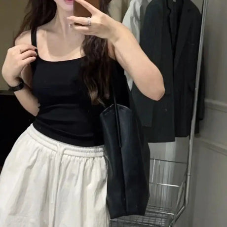 Solid All-Match Invisible Integrated Chest Pad Cami 2024 Spring New Korean Women clothes Short Sleeveless Top - Lootquake