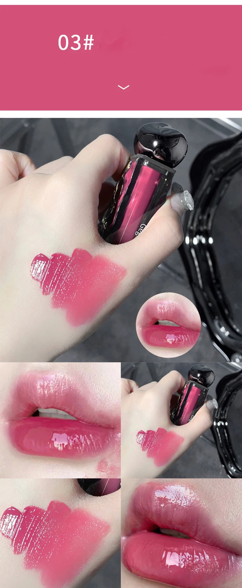 Rouge à lèvres liquide violet foncé, léger, longue tenue, transparent, hydratant, effet miroir, rose pêche, antiadhésif