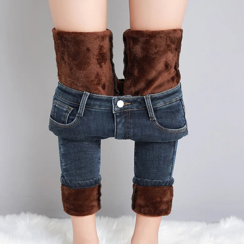 Women Thermal Jeans Winter Snow Warm Plush Stretch Jeans Lady Skinny Thicken Fleece Denim Long Pants Retro Blue Pencil Trousers - Lootquake