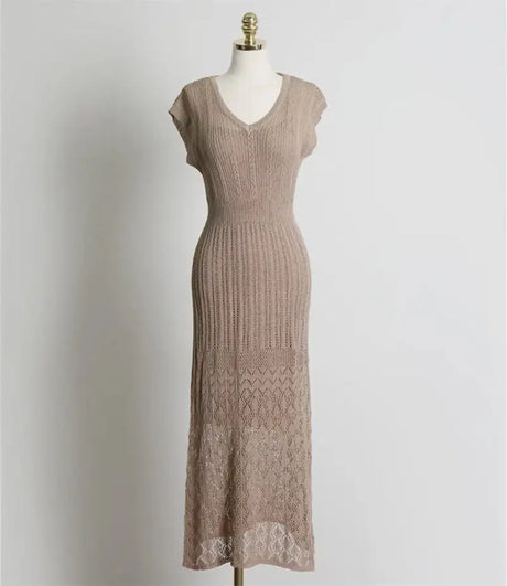 Summer High Quality Korean Simple Hollow Out Vest Knit Sweater Dress Women Japanese Gentle V-Neck Slim Elastic Knit Long Dress - Lootquake