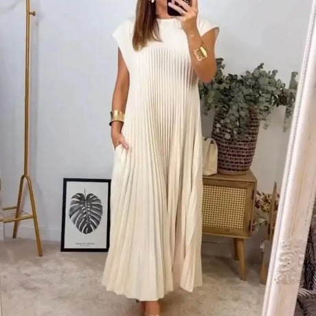 Women's Elegant And Fashionable Round Neck Sleeveless Pleated Long Dress In Solid Color Beige With Pockets, Oversized Long Skirt - Lootquake
