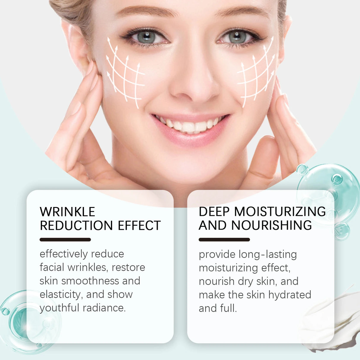 Crema facial reafirmante con colágeno, renovación, nutrición profunda, reducción de manchas oscuras, pecas, aclaramiento, piel suave, lifting, crema reafirmante.