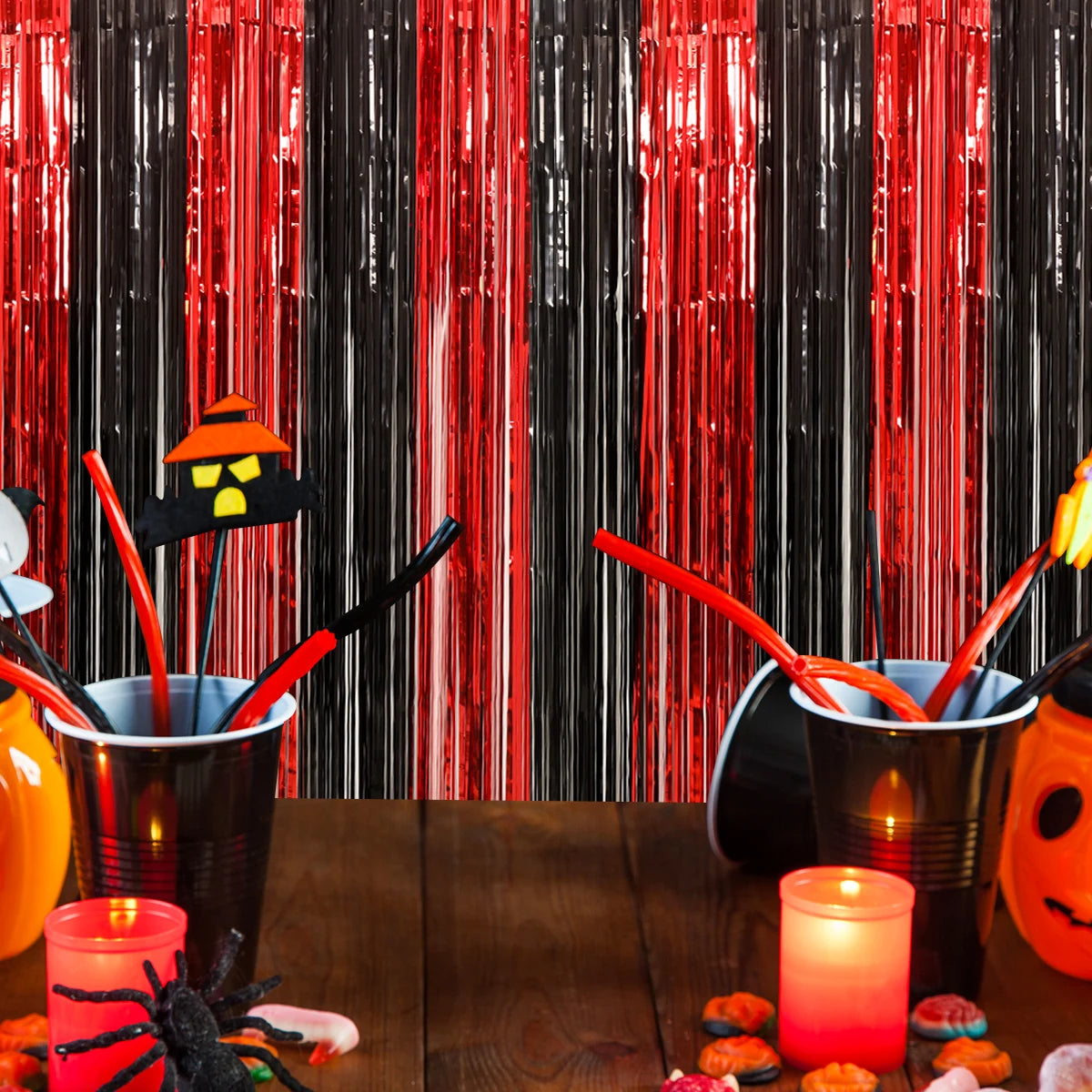 1x2m Halloween Recoration Black And Red Orange Foil Tassel Rain Silk Curtain Metallic Streamers Halloween Party Decor Supplies