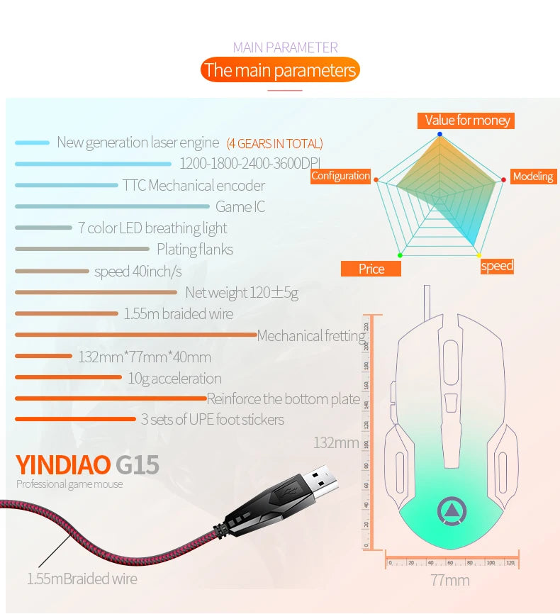 G15 Mechanical Gaming Mouse 7-Color Breathing Light Wired Laptop USB Desktop Office Computer Gaming Mouse Mute