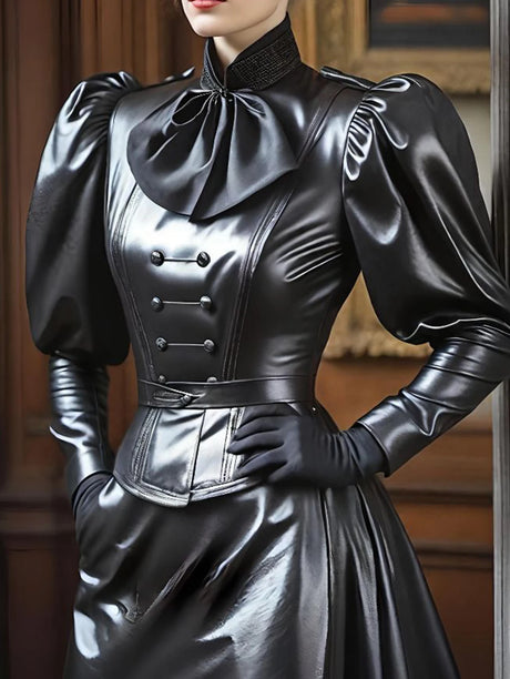 Women Vintage Stand Collar PU Leather Long Sleeve Blouse Cinched Solid Bow Puff Sleeve Leather T Shirt High Street Streetwear - Lootquake