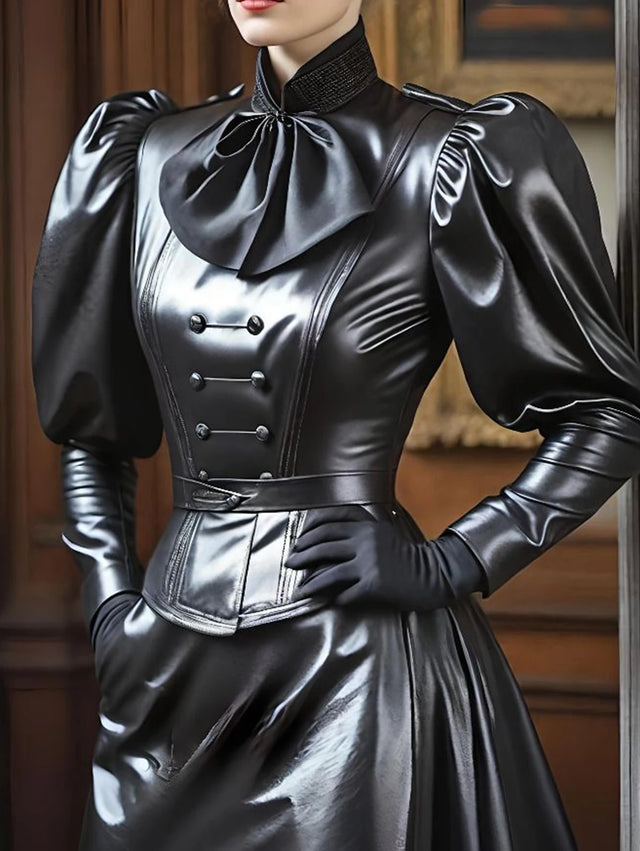 Women Vintage Stand Collar PU Leather Long Sleeve Blouse Cinched Solid Bow Puff Sleeve Leather T Shirt High Street Streetwear - Lootquake