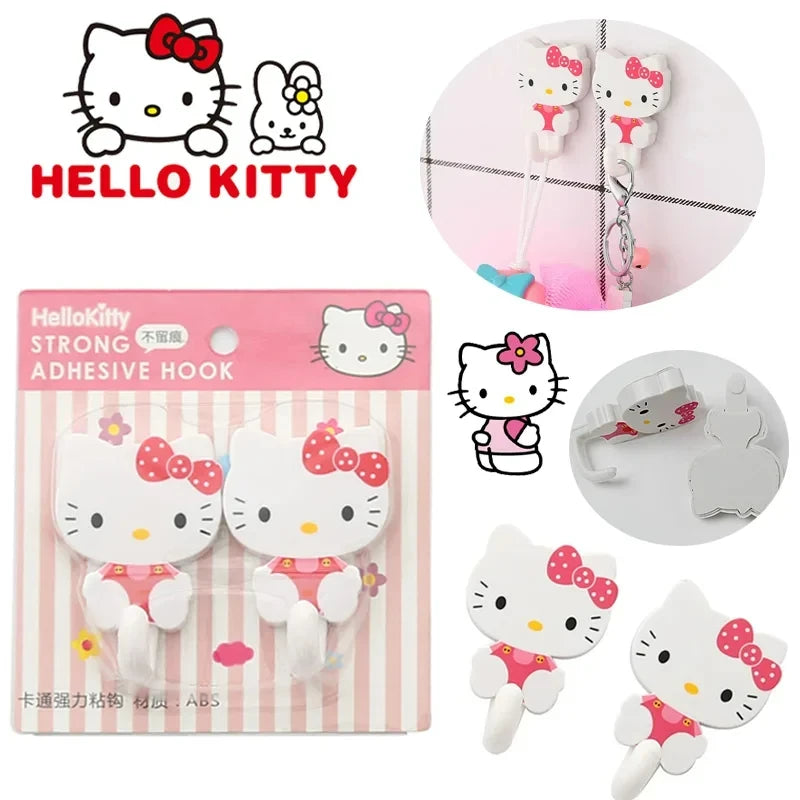 Juego de 2 ganchos adhesivos de pared Sanrio Hello Kitty con dibujos animados, resistentes y autoadhesivos, para cocina, baño, accesorios de almacenamiento para el hogar.