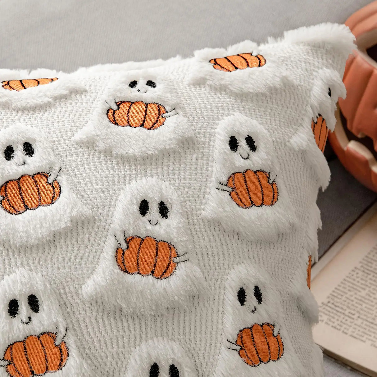 Halloween Decor for Bedroom Bed Living Room Sofa Cushion Cover White45X45CMCute Ghost Pumpkin Plush Faux Fur Pillow Covers Soft