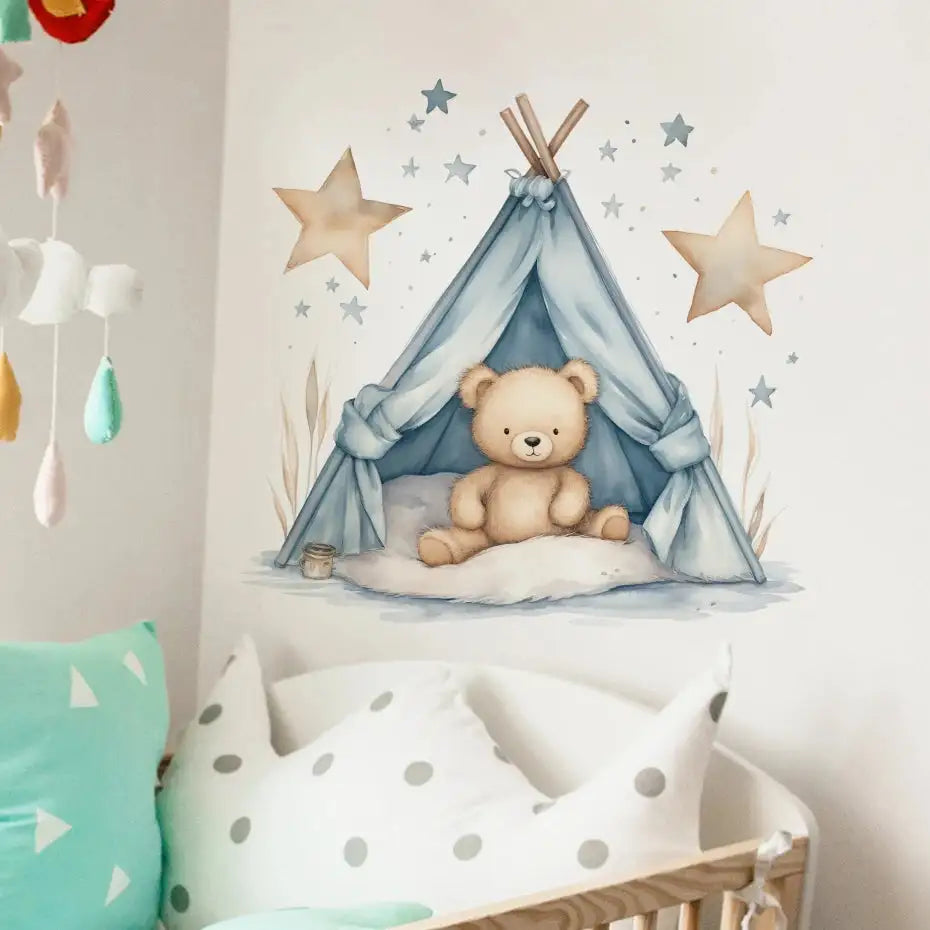 Cartoon Teddy Bear Tent Stars Wall Stickers for Kids Room Nursery Baby Room Decoration Wall Decals Room Interior - Lootquake
