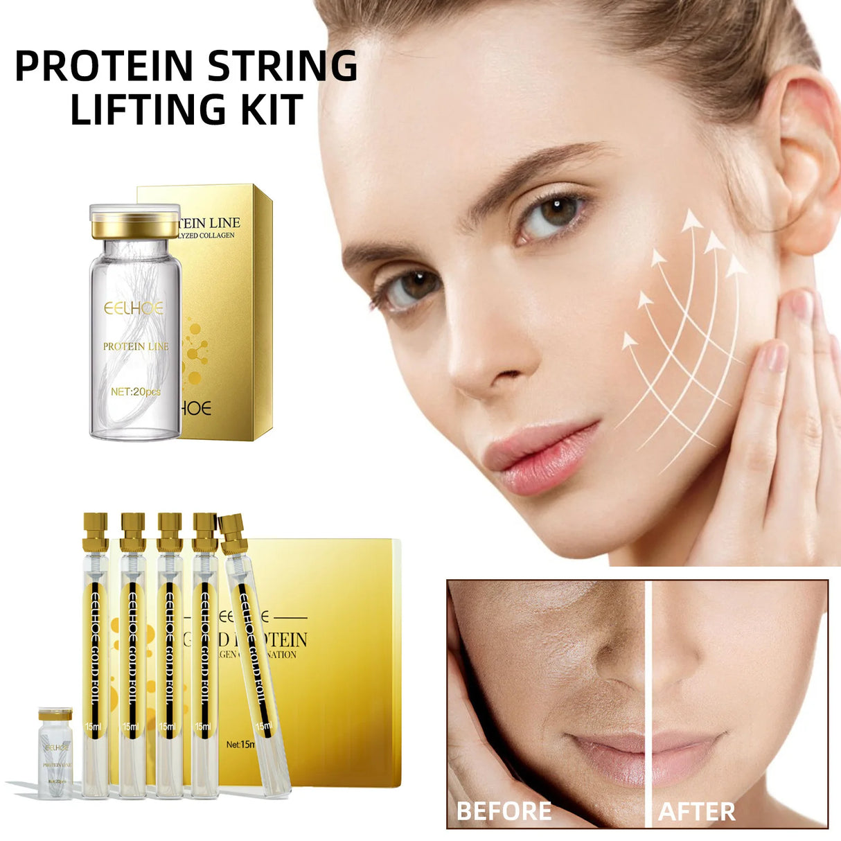 Hilo de colágeno, lifting instantáneo, eliminador de arrugas, suero de proteína soluble, relleno facial absorbible, cuidado de la piel antienvejecimiento. Nuevo.