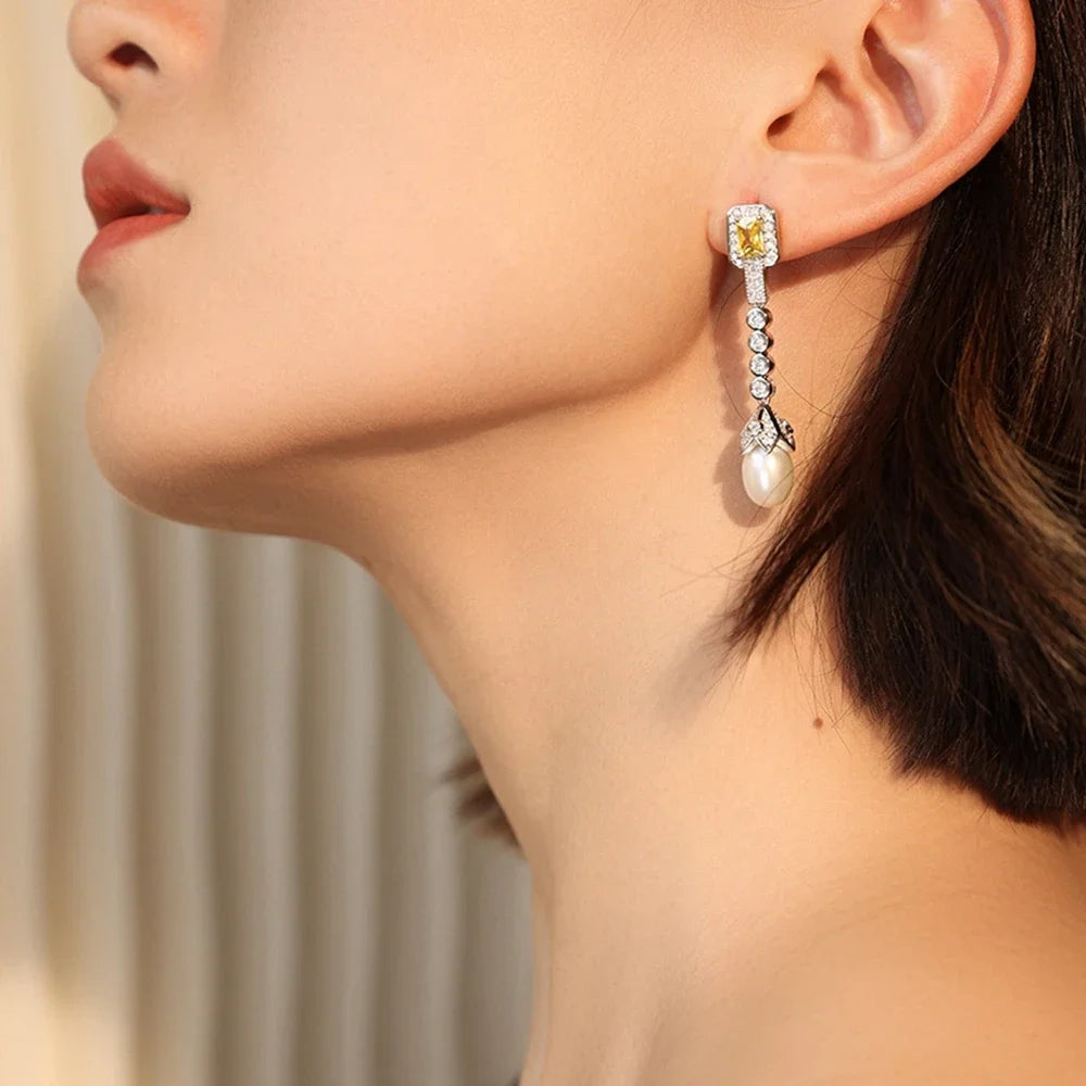 Karachis Vintage Elegant 925 Sterling Silver Natural Pearl High Carbon Diamond Citrine Gemstone Earrings for Women Jewelry - Lootquake