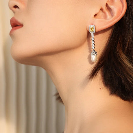 Karachis Vintage Elegant 925 Sterling Silver Natural Pearl High Carbon Diamond Citrine Gemstone Earrings for Women Jewelry - Lootquake