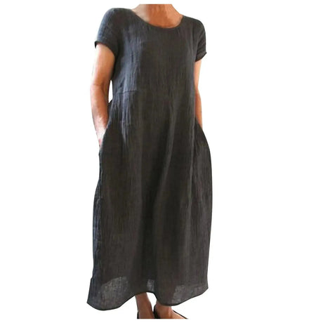 Spring Summer Woman Long Dress Office Lady Fshion Casual Loose Solid O-neck Short Sleeve Dresses For Women 2024 Female Robe - Lootquake