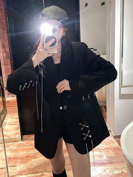 KOSAHIKI Harajuku Women Jackets Black Gothic Punk Hip Hop Solid Vintage Blazer Coats  Chic Chain Loose Jacket Streetwear - Lootquake