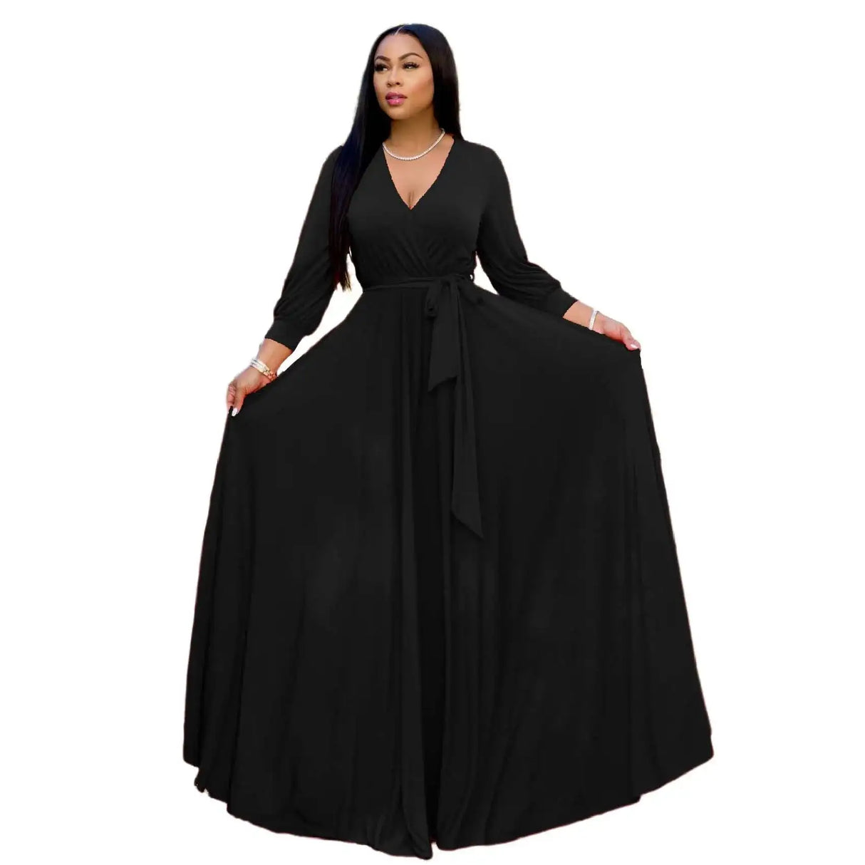 CM.YAYA Elegant Women Wraped V-neck Long Sleeve with Sashes Maxi Long Dress Chic INS Sexy Party Prom Big Swing Pink Dresses - Lootquake