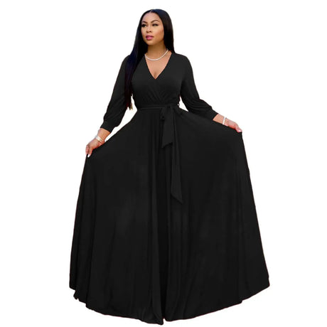 CM.YAYA Elegant Women Wraped V-neck Long Sleeve with Sashes Maxi Long Dress Chic INS Sexy Party Prom Big Swing Pink Dresses - Lootquake
