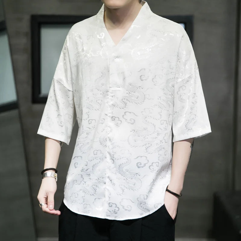 M-5XL Plus Size Men Dragon Pattern Shirt Short Sleeve V Neck Summer Streetwear Stain Chinese Pullover Blouse for Men XXXXXL - Lootquake