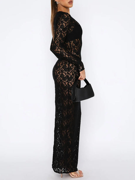 Women s Lace Long Dress Vintage Long Sleeve Round Neck Solid Color Bodycon Dress Party Gown - Lootquake